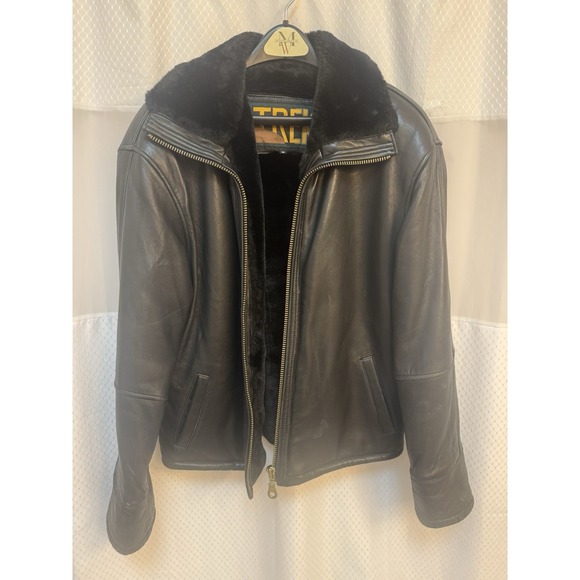 Trek New York Men's 100% Black Leather Jacket w/Fur Collar & Lining Medium Vtg - Picture 1 of 8
